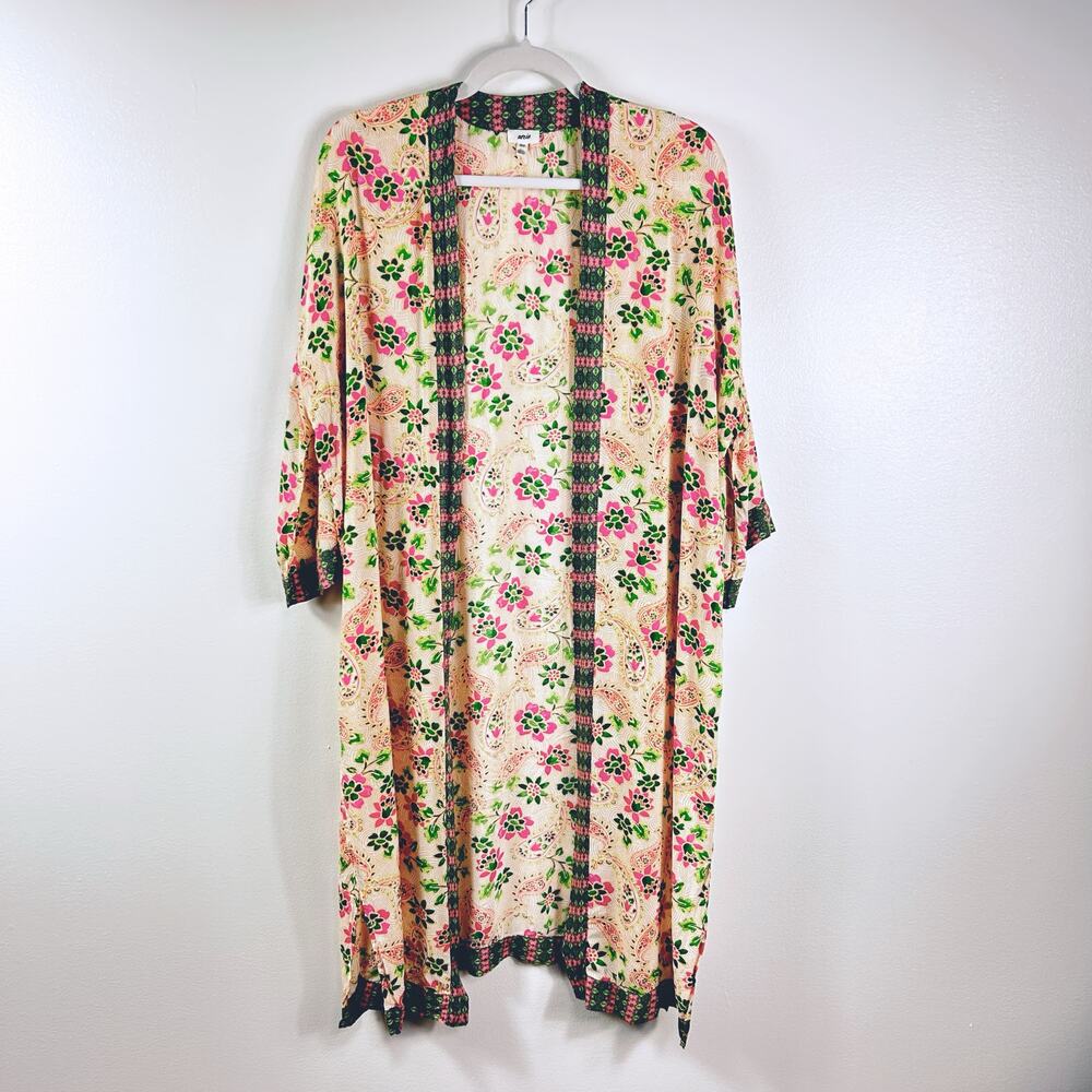 Aerie Pink Green Boho Floral Long Kimono Size XS/Small
